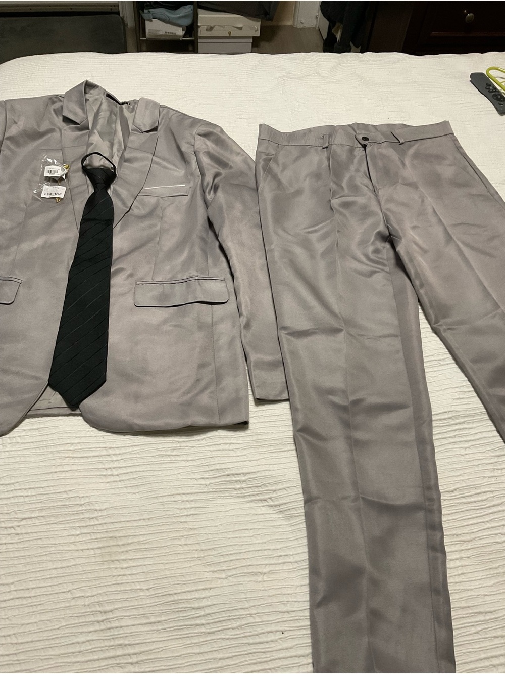 Men's Light Gray Two-Piece Satin Suit with Black Tie